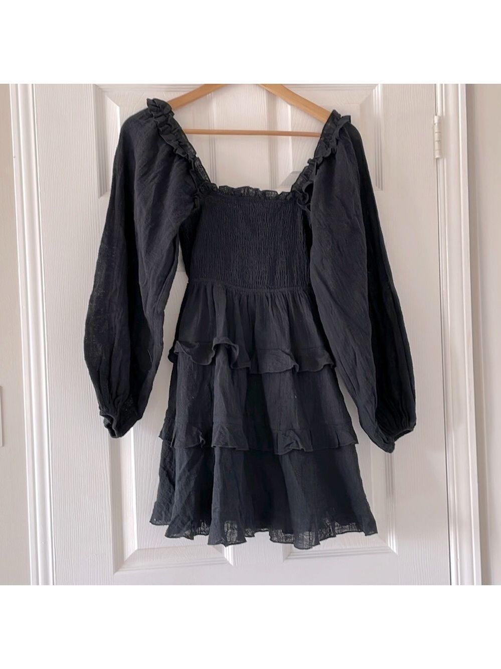 Olivaceous Tiered Back Tie Mini Peasant Long Sleeve Dress Size Small NWT